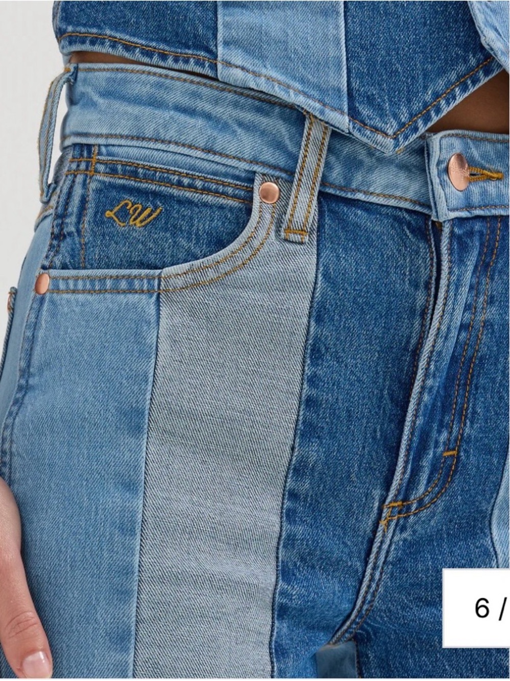 Wrangler x Lainey Wilson Patchwork Two-Tone Blue Flare Jeans - Picture 6 of 10